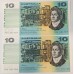 AUSTRALIA 1991 . TEN 10 DOLLARS BANKNOTES . FRASER/COLE . CONSEC PAIR . LAST PREFIX MRR
